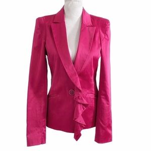 RINASCIMENTO FUCHSIA SATIN PEAK LAPEL RUFFLE SINGLE BREASTED BLAZER - M